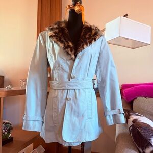Women's Light Blue Faux Fur Collar Coat